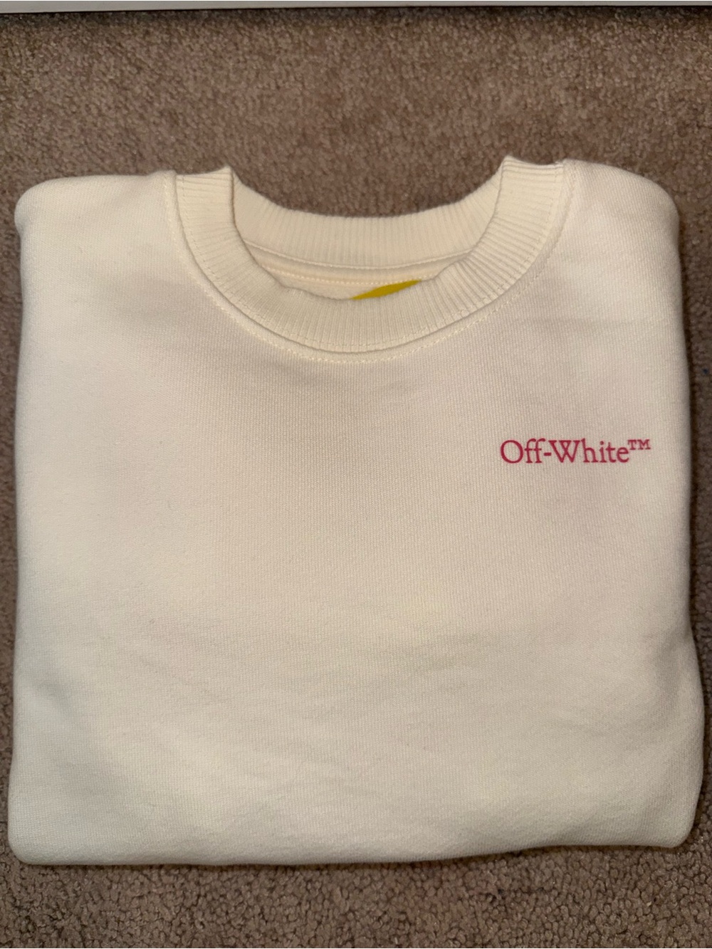 Off-White Cream Crewneck Sweatshirt with Pink Sleeve Stripes